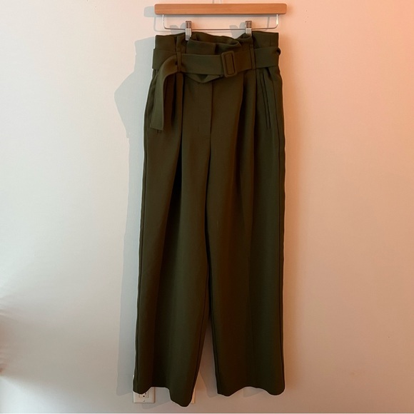 ARITZIA Wilfred Olive Green High-Waisted Wide Leg Belted Pants - Picture 2 of 14